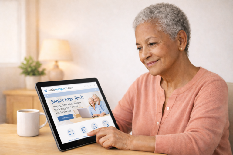 Senior checking email safely on a laptop