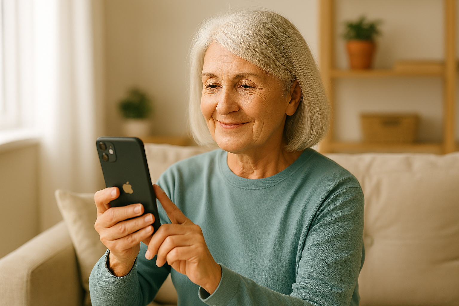 Senior woman sharing a photo on her smartphone in a cozy living room