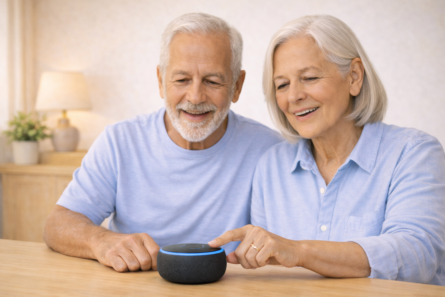 Senior couple using an Amazon Alexa smart speaker together in a calm home setting