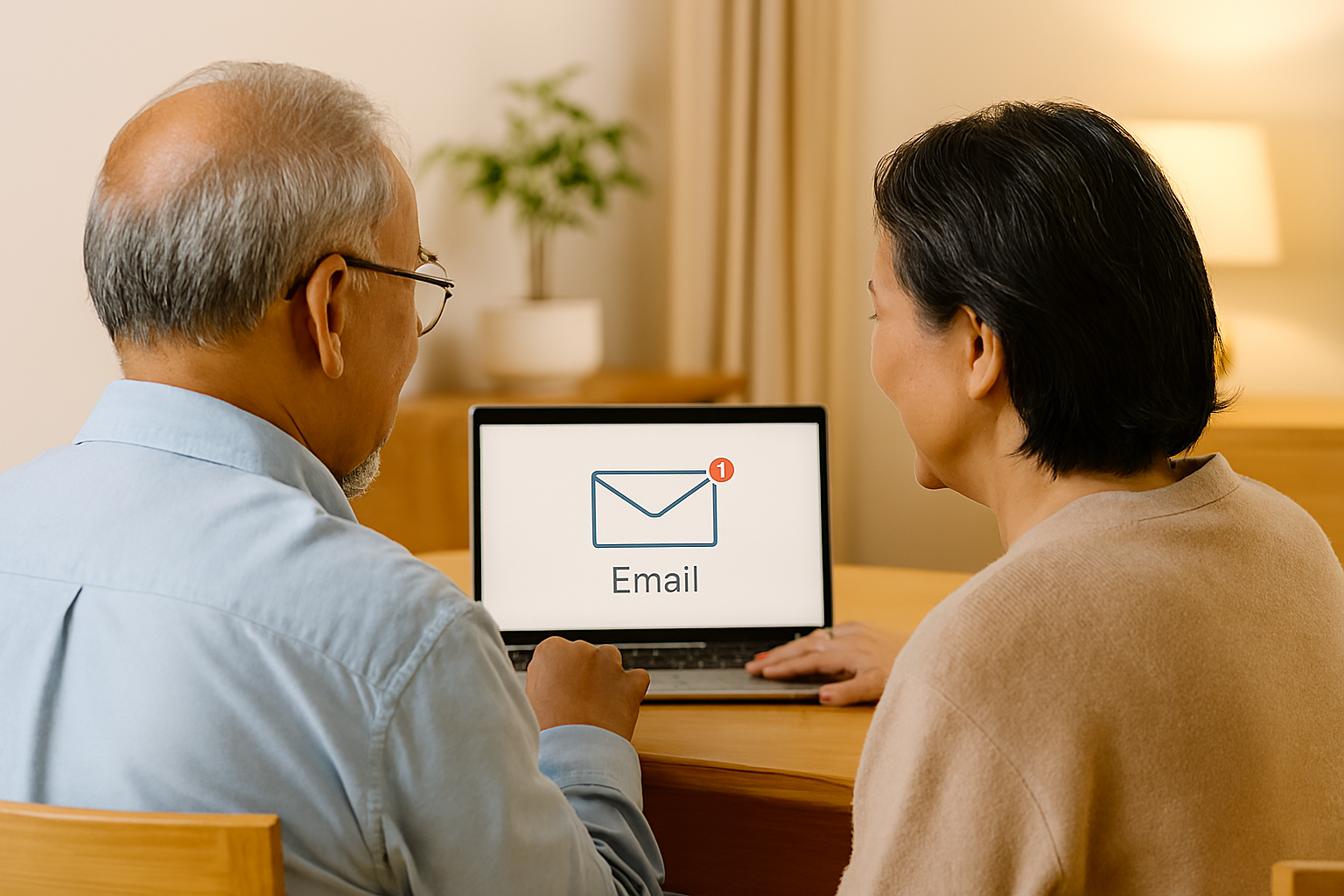 Asian senior couple sitting together at a table, viewed from behind, setting up an email account on a laptop.