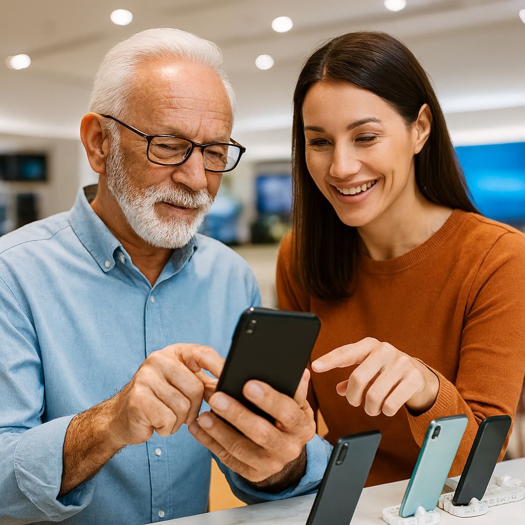 Senior man and caregiver comparing smartphones together in an electronics store.