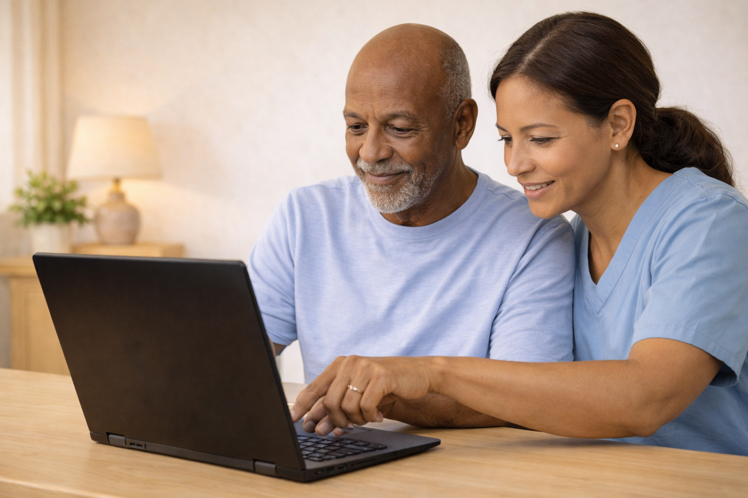 Caregiver helping a senior use a laptop at a kitchen table in a calm, supportive home setting