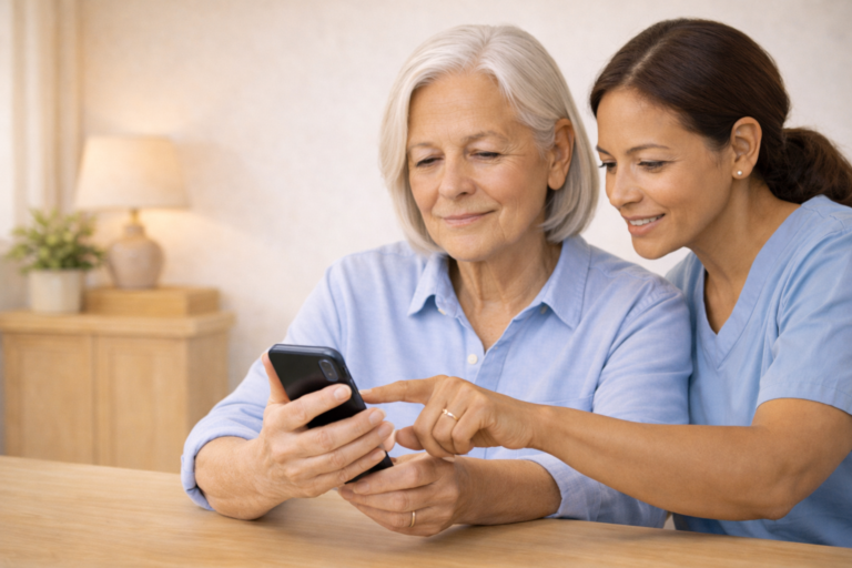 Caregiver helping a senior adjust smartphone volume at a kitchen table in a calm home setting