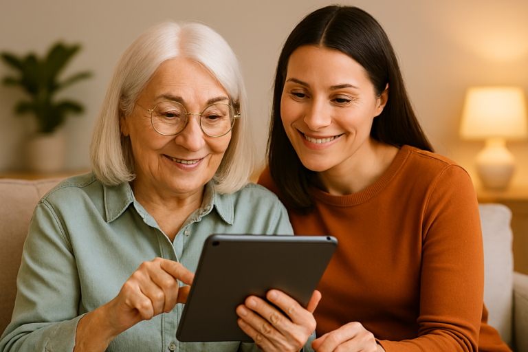Senior woman using a tablet with caregiver beside her, both smiling and focused on the screen.