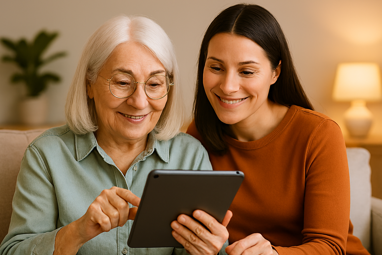 Senior woman using a tablet with caregiver beside her, both smiling and focused on the screen.