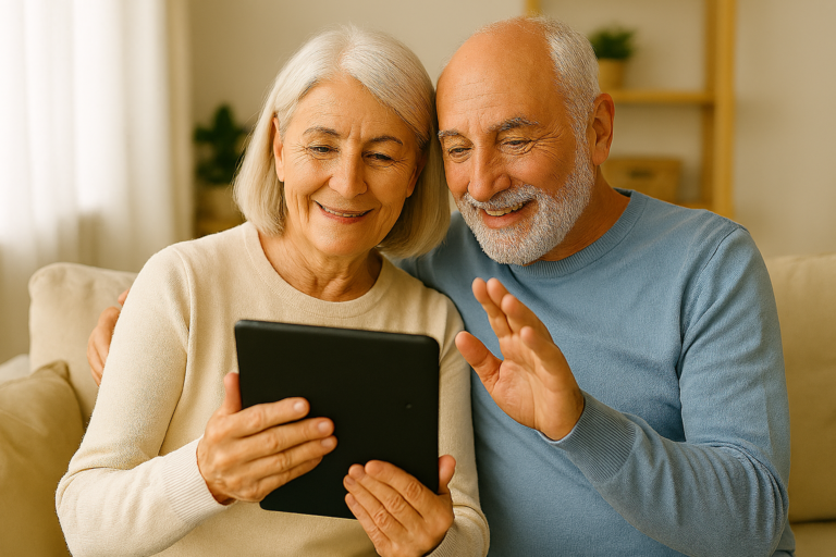 Senior couple video calling their grandchildren on a tablet at home
