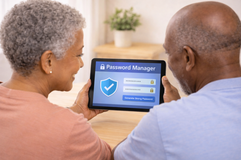 African American senior couple viewing a password manager app together on a tablet at home