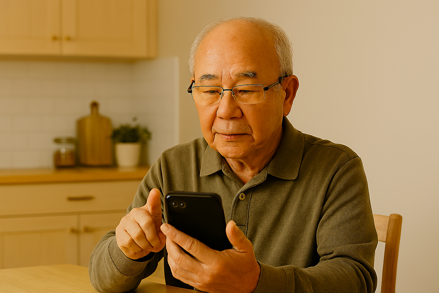 Senior man sitting at a kitchen table, calmly speaking into a smartphone with focused expression.