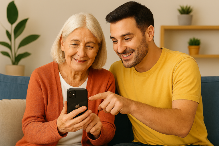 Adult child helping senior parent use text messaging on a smartphone at home