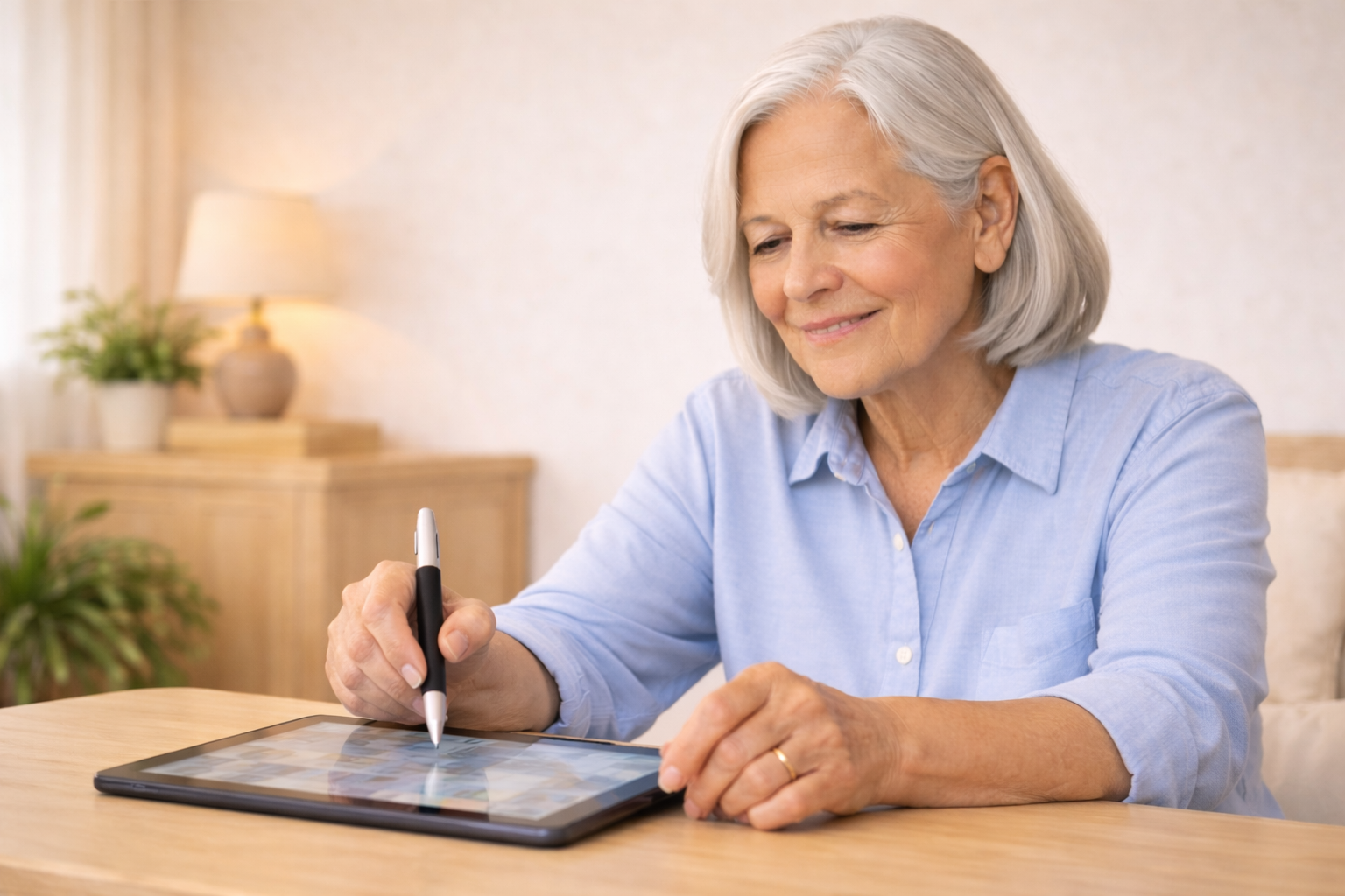 Senior woman using an easy-grip stylus on a tablet at home with relaxed hands