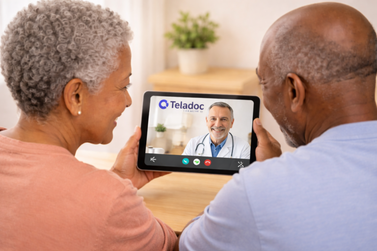Senior using a telehealth app with help from an adult child at home