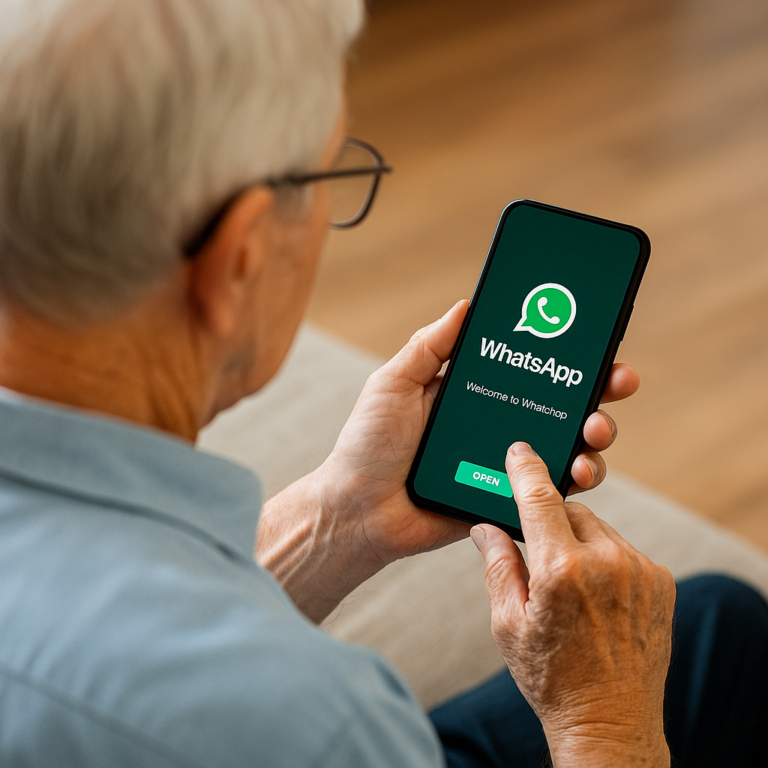 “Senior adult holding a smartphone with WhatsApp open, viewed from behind.”