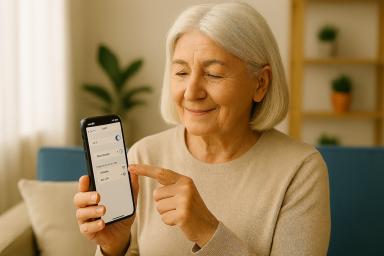 Senior woman connecting to Wi-Fi on her smartphone in a cozy living room