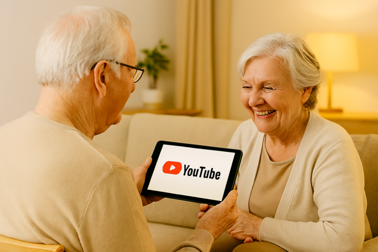 Senior white couple sitting on a beige couch, watching a YouTube tutorial together on a tablet.